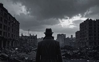 Zwart-witfoto van een gebombardeerde stad. In het midden staat een man met lange jas en hoed. Hij is van achteren te zien. Links en rechts zijn ingestorte huizen te zien.