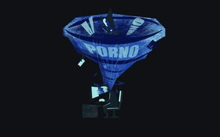 Tekening van iemand die achter een computer zit. Een tornado met de woorden ‘porno’ en ‘AI’ zuigen hem de computer in. 