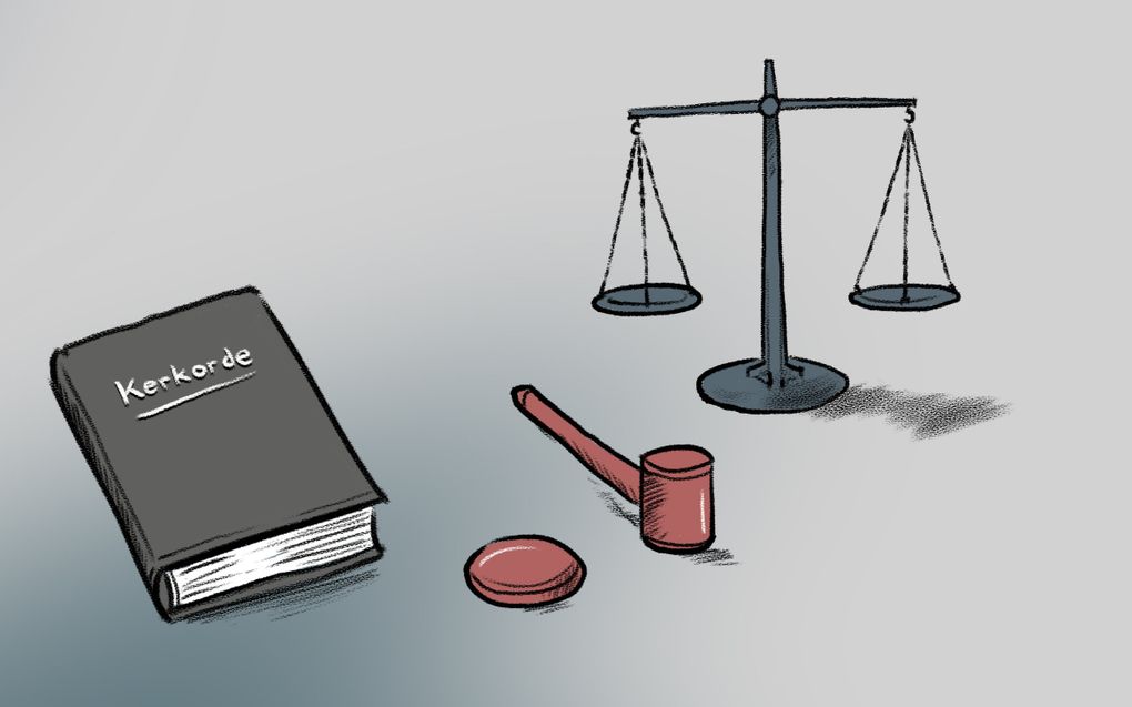 Tekening met boek waarop ‘’kerkorde’’ staat, een weegschaal en een voorzittershamer