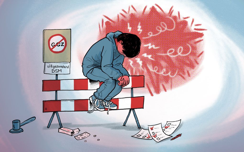 Tekening van jongen die voorovergebogen op een dranghek zit. Onder een verbodsbordje staat:  uitgezonderd DSM. 