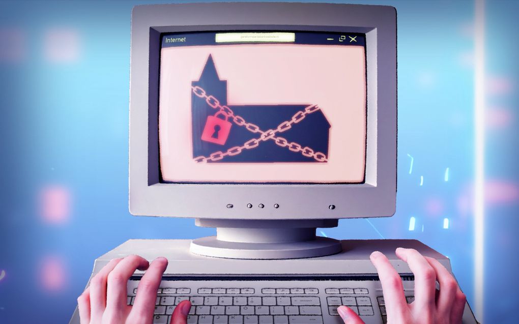 Computerscherm met kerk erop.