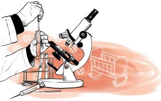 Tekening van laboratorium met reageerbuis en microscoop, op de achtergrond een leeg kinderbedje.