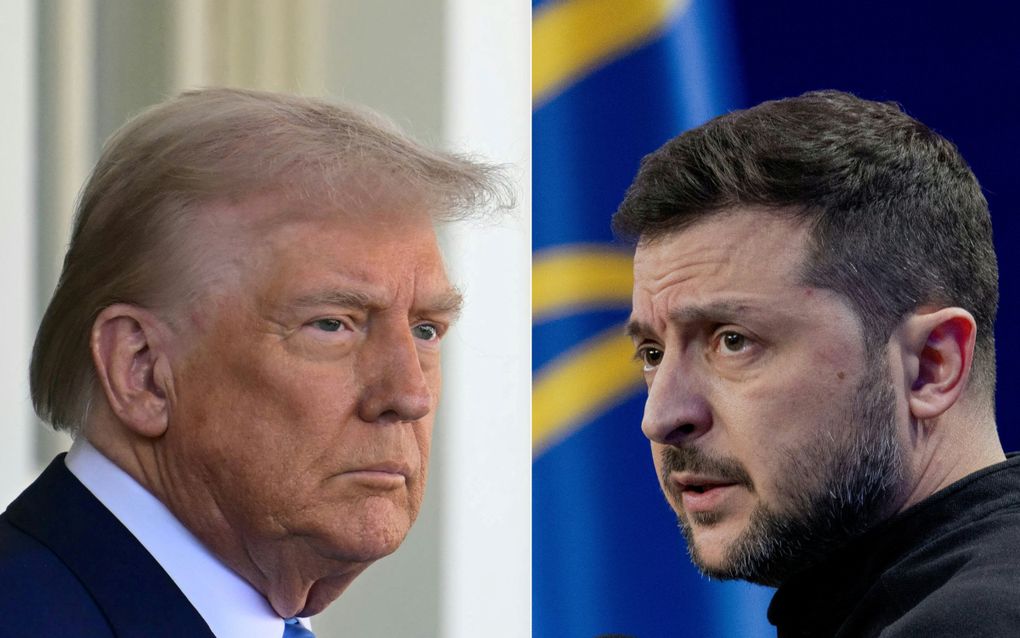 De Amerikaanse president Donald Trump (l.) en de Oekraïense president Volodymyr Zelensky. beeld AFP, Jim Watson  