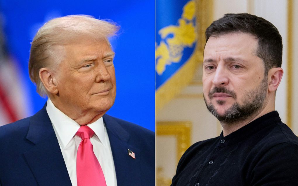 De Amerikaanse president Donald Trump (l.) en zijn Oekraïense ambtgenoot Volodymyr Zelensky. beeld AFP, Tetiana Dzhafarova