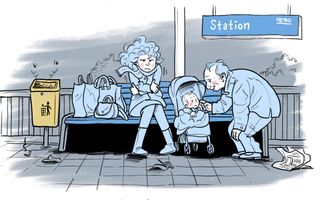 illustratie van een perron. De vrouw heeft het koud, een oudere man aait het kind in de kinderwagen over de wang.