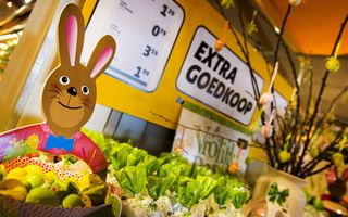 Foto van een paashaas met op de achtergrond een bord met Vrolijk paasfeest erop en borden met allerlei aanbiedingen.