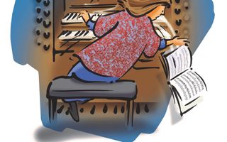 Tekening van een vrouw die aan het orgelspelen is. Het boek met haar muziek valt van de standaard af en ze probeert het nog te grijpen.