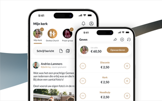 Twee mobiele telefoons met daarop voorbeelden van de app, ”Mijn kerk” en ”Geven”.