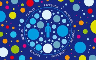 Een graphic met een persoon in een cirkel met blauw gekleurde bollen, terwijl de andere kleuren buiten de cirkel blijven.