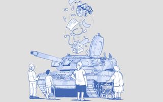 Illustratie. Een rolstoel, euromuntjes en een stethoscoop verdwijnen in een gevechtstank. Een oudere opa en oma, een verpleegkundige en een jonge zorgpatiënt kijken bezorgd toe
