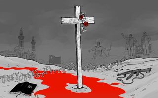 Tekening van een kruis -met rozen die eraan groeien- in een grote plas bloed. Eromheen getekend zijn: een geweer, een Bijbel, prikkeldraad, een moskee, en afbeeldingen van bekende dictators, zoals de Romeinse keizer en leiders van China en Noord-Korea.