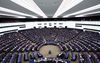 De plenaire zaal van het Europees Parlement in Straatsburg, waar twaalf keer per jaar wordt vergaderd. beeld AFP, Frederick Florin