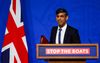 Britain's Prime Minister Rishi Sunak reacts as he speaks during a press conference, at the Downing Street Briefing Room, in central London, on April 22, 2024 regarding the Britain and Rwanda treaty to transfer illegal migrants to the African country. Rishi Sunak promised on April 22, 2024 that deportation flights of asylum seekers to Rwanda will begin in "10 to 12 weeks", as the plan entered its final stage in parliament. (Photo by Toby Melville / POOL / AFP)