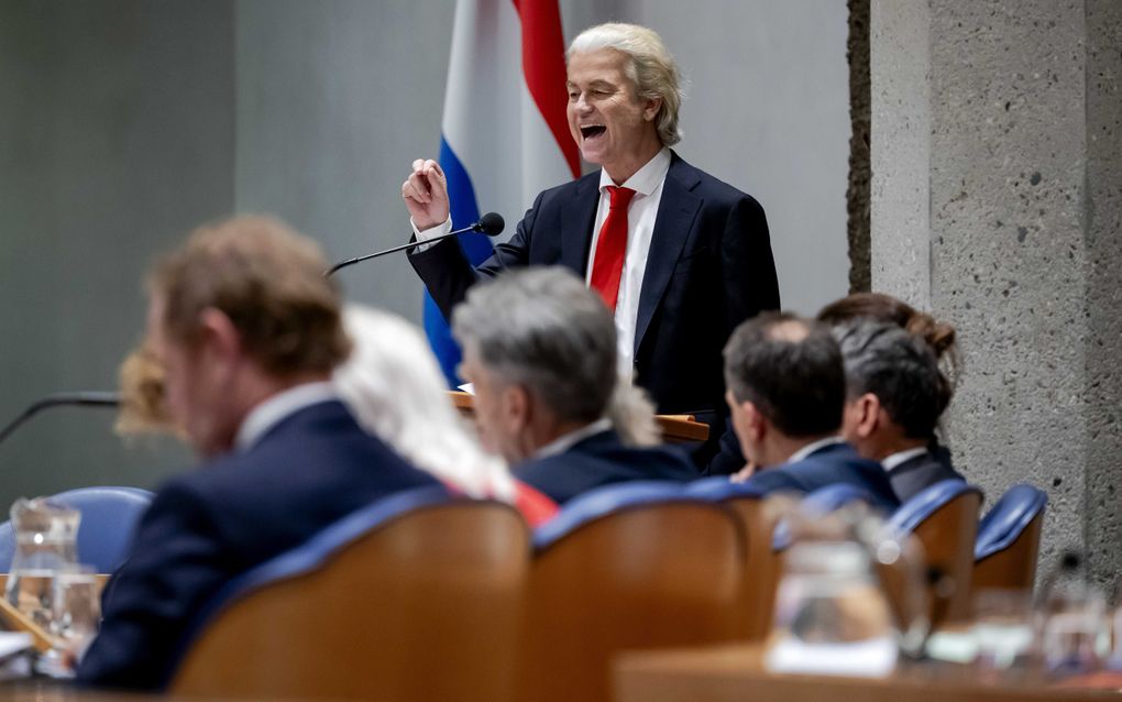 PVV-leider Wilders tijdens het debat over de regeringsverklaring in de plenaire zaal van de Tweede Kamer. beeld ANP, Robin van Lonkhuijsen