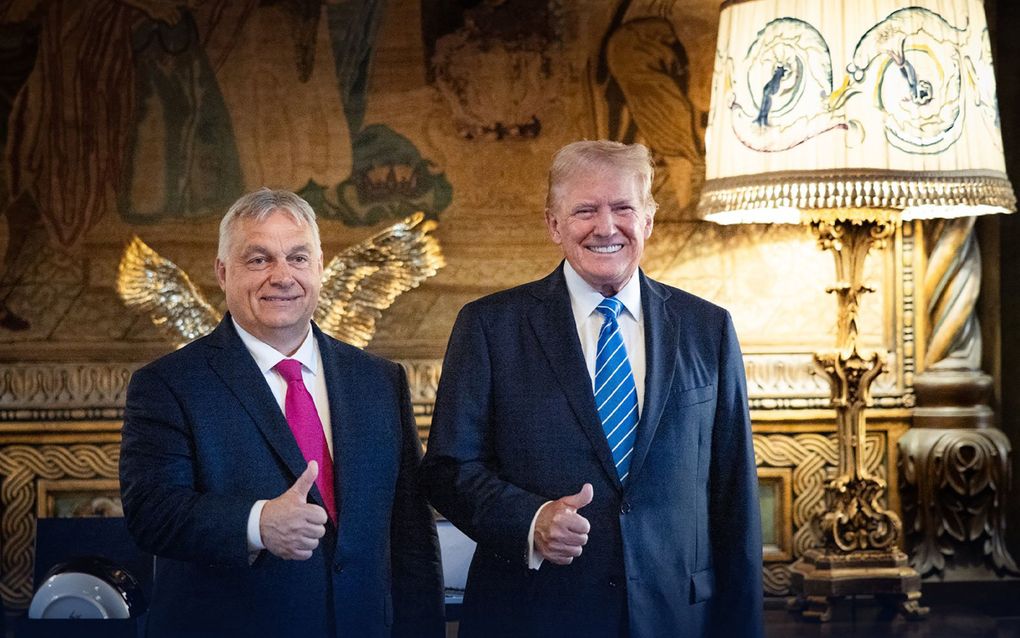 De Hongaarse premier Orbán en de Amerikaanse presidentskandidaat Trump bespraken donderdag de „mogelijkheden voor vrede” in Oekraïne, laat Orbán weten via X. beeld AFP / X  (@PM_ViktorOrban)