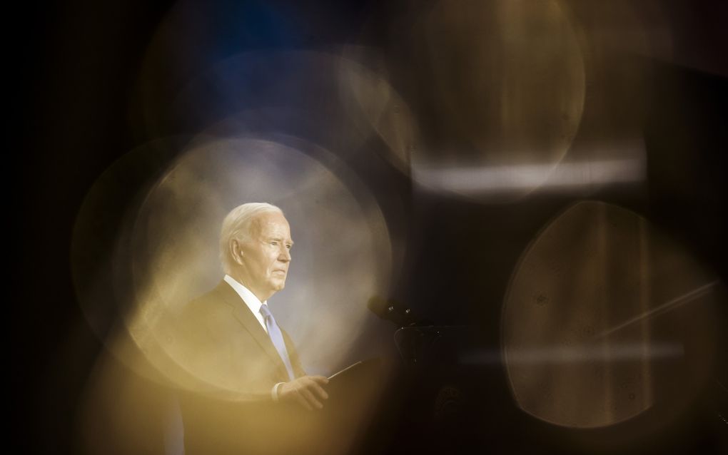 De Amerikaanse president Joe Biden, donderdag tijdens de afsluitende persconferentie van de NAVO-top in Washington. beeld EPA, Jim Lo Scalzo