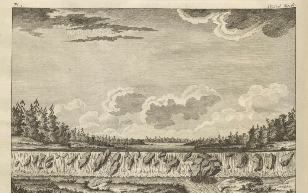 Gravure van de Mohawkrivier. Bron: ”Reis door Noord Amerika” (1772), een reisboek van zendeling Pehr Kalm.