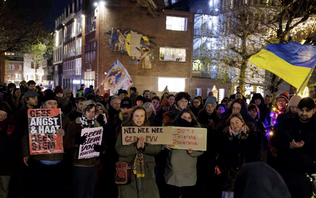 Protest in Nijmegen tegen de winst van de PVV bij de Tweede Kamerverkiezingen vorig jaar november. beeld ANP, Marcel Krijgsman