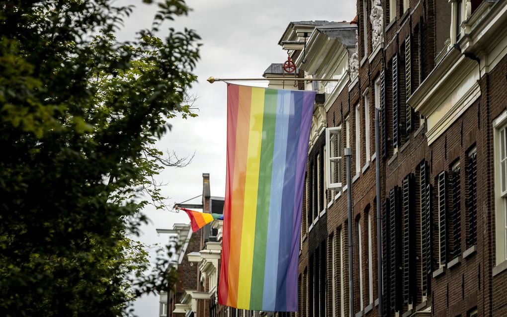 Een regenboogvlag aan een gevel op de Prinsengracht in Amsterdam. beeld ANP, Remko de Waal