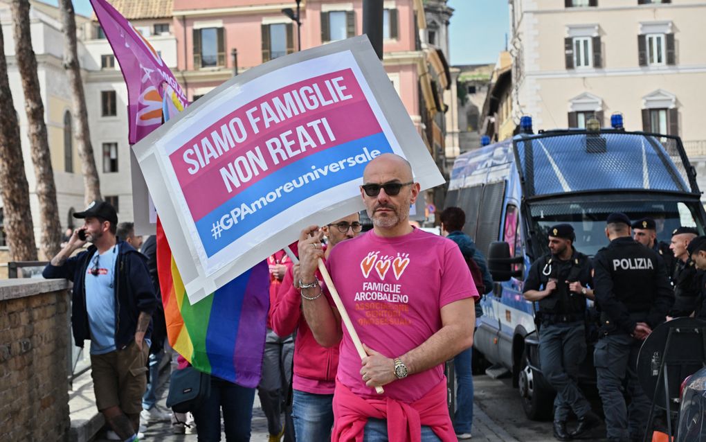 „Wij zijn families, geen overtreders”, staat op een bord tijdens een protest van LGBT-organisaties tegen de wet op draagmoederschap. beeld AFP, Andreas Solaro