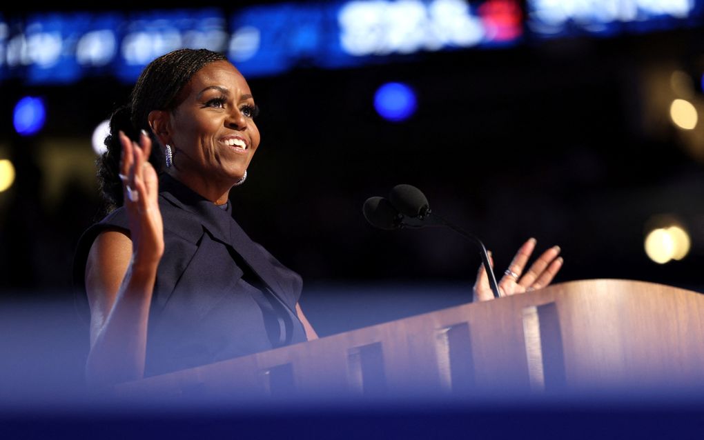 Voormalig first lady Michelle Obama spreekt in augustus op de Democratische Nationale Conventie in Chicago. beeld AFP, Charly Triballeau