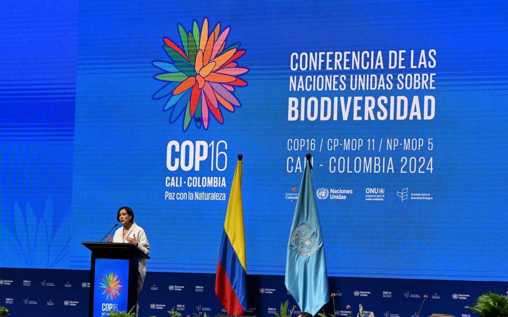 Susana Muhamad, de Colombiaanse milieuminister speecht tijdens de openingsceremonie van de 16e biodiversiteitstop in Cali. beeld AFP, Joaquin Sarmiento