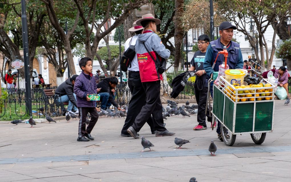 De 6-jarige Edy verkoopt snoep en duivenvoer op het centrale plein van Sucre. Meer dan de helft van de werkende kinderen in Bolivia is onder de 14 jaar. beeld Ynske Boersma