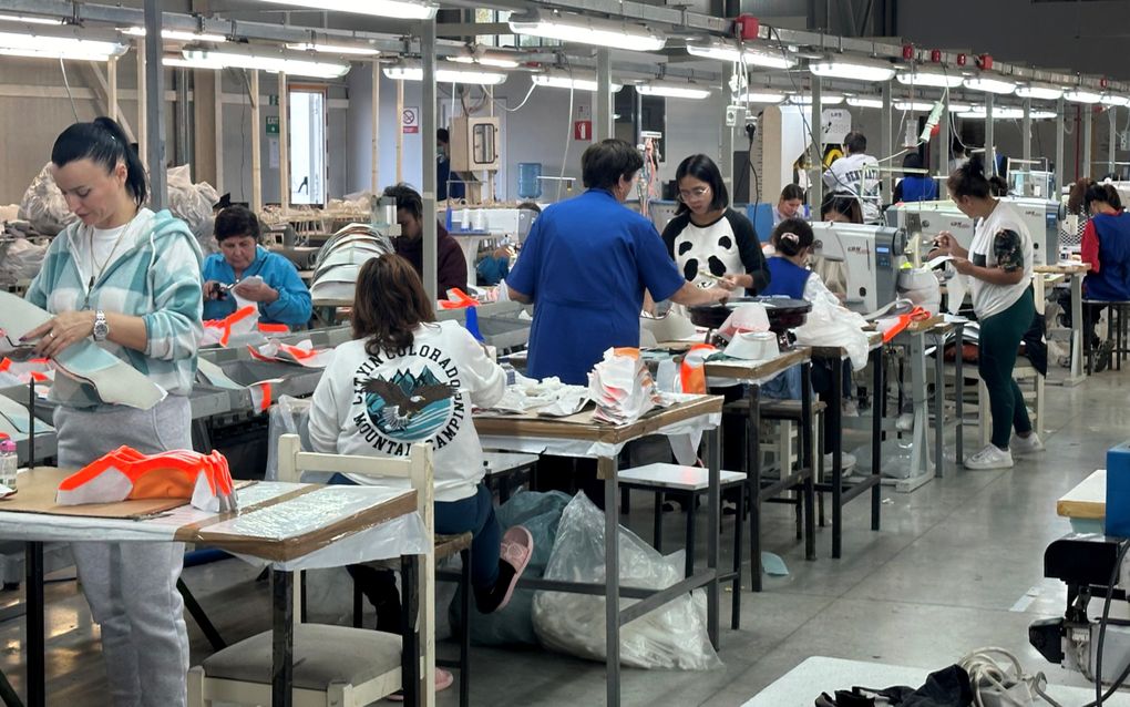 De fabriekshal van een schoenenfabriek net buiten de Albanese hoofdstad Tirana. Er werken veel migranten. beeld Thijs Kettenis