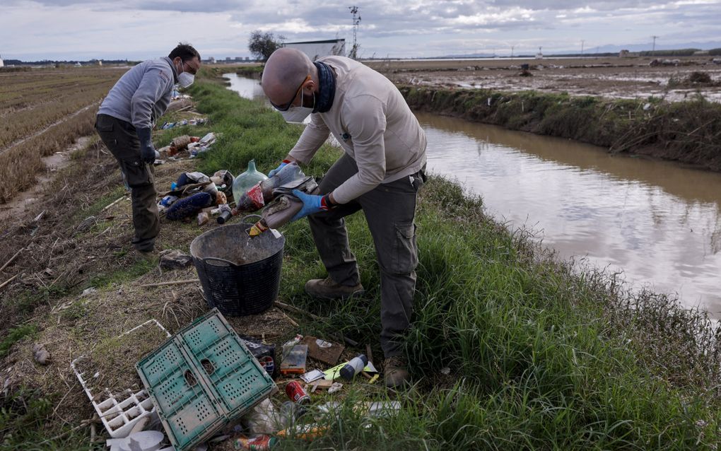 Arbeiders verzamelen afval dat is achtergebleven in een rijstveld in La Albufera (Valencia). beeld EPA, Kai Forsterling