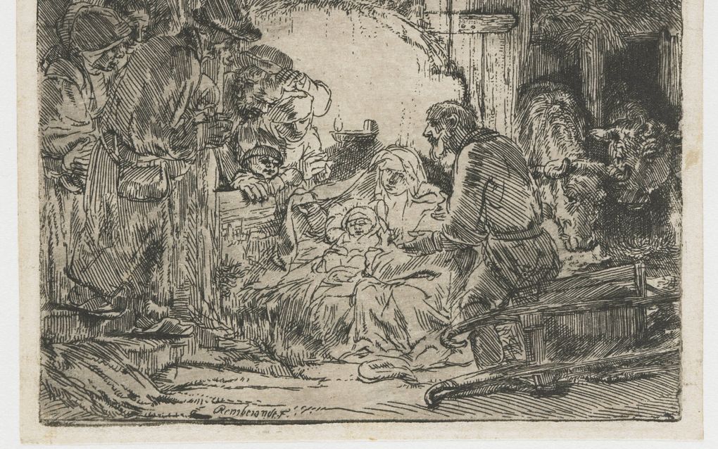 Rembrandt, ”De aanbidding der herders”. Ets, met plaattoon, ca. 1654. beeld Rijksmuseum