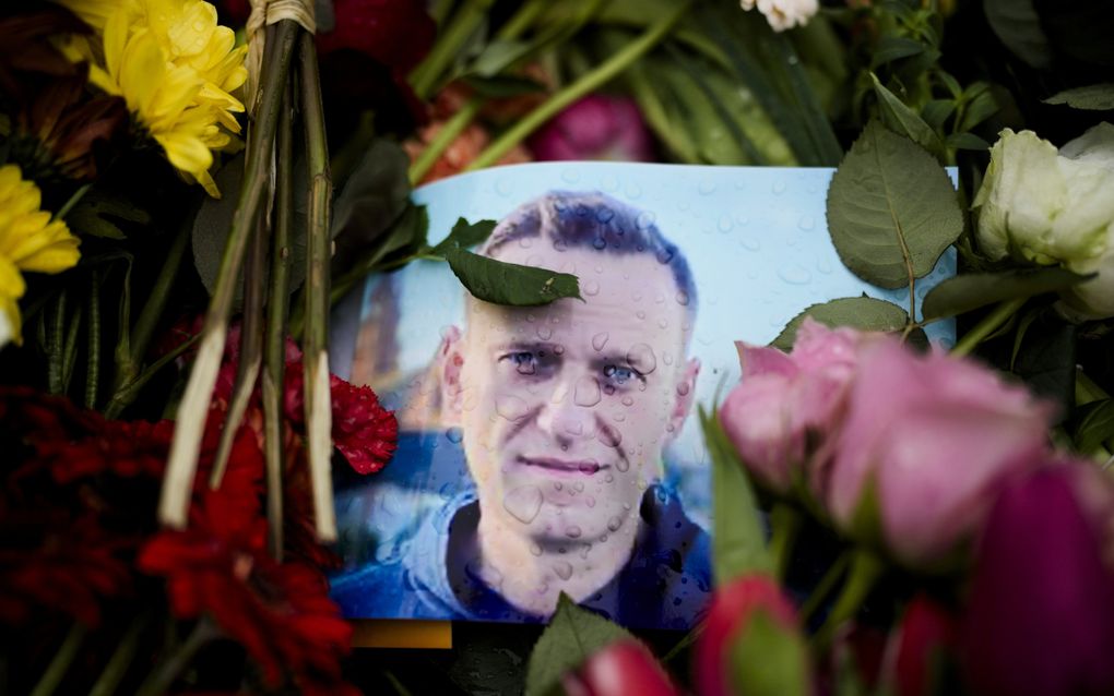 Regendruppels bedekken een portret van de Russische oppositieleider Alexej Navalny, die tussen bloemen is geplaatst voor de Russische ambassade in Berlijn. beeld AP, Markus Schreiber 