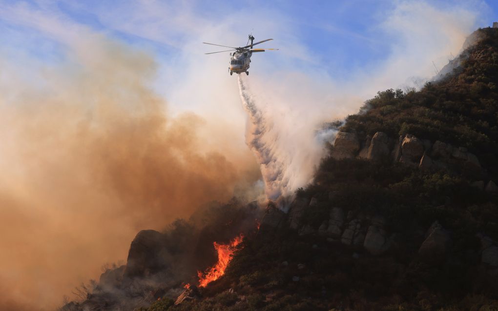 Een blushelikopter dropt water in een poging de grote natuurbrand in Californië te bestrijden. beeld AFP, David Swanson 