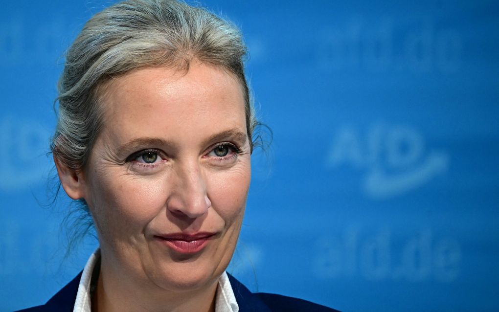 AfD-partijleider Alice Weidel geeft een persconferentie in Berlijn. beeld AFP, Tobias Schwarz 