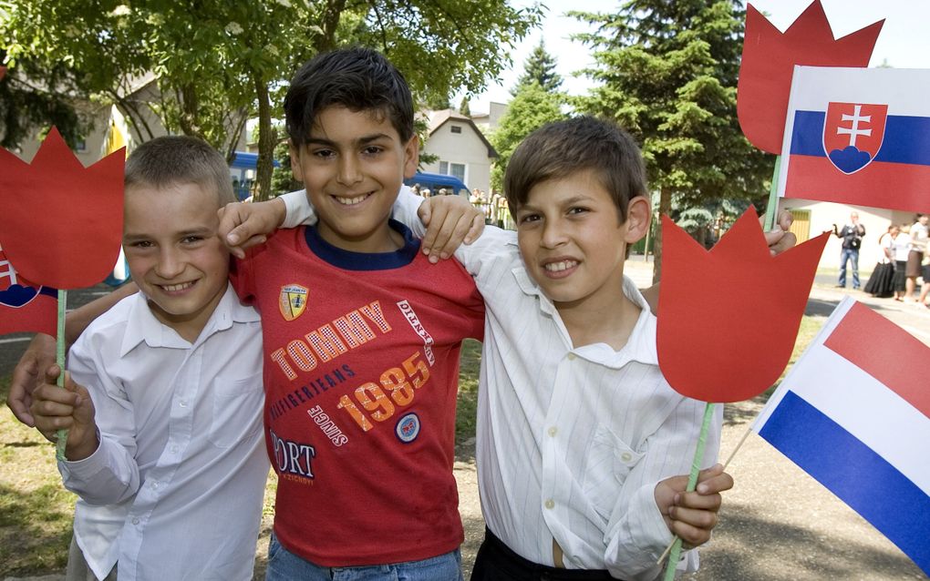 Marian, Jaroeslav en David uit Slowakije met een zelfgemaakte vlag en tulp in de hand. Leerlingen uit Oost-Europa kampen vaak met forse leerachterstanden. beeld ANP, Les van Lieshout