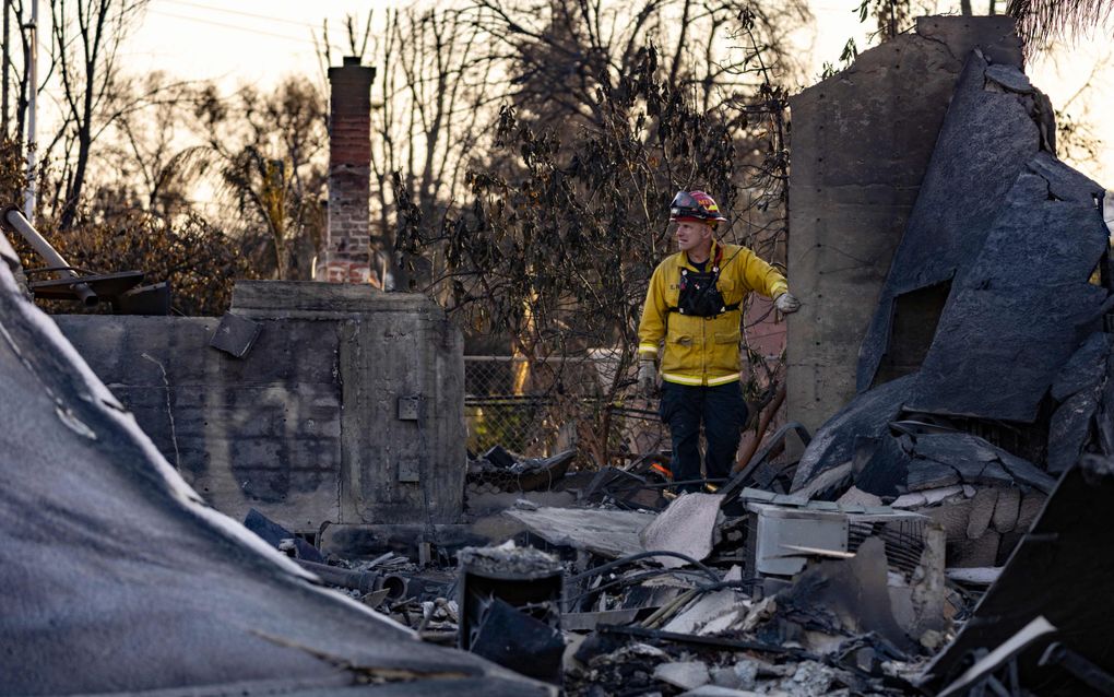 Een brandweerman staat maandag tussen de zwartgeblakerde resten van een huis in Altadena, Californië. beeld AFP, Etienne Laurent