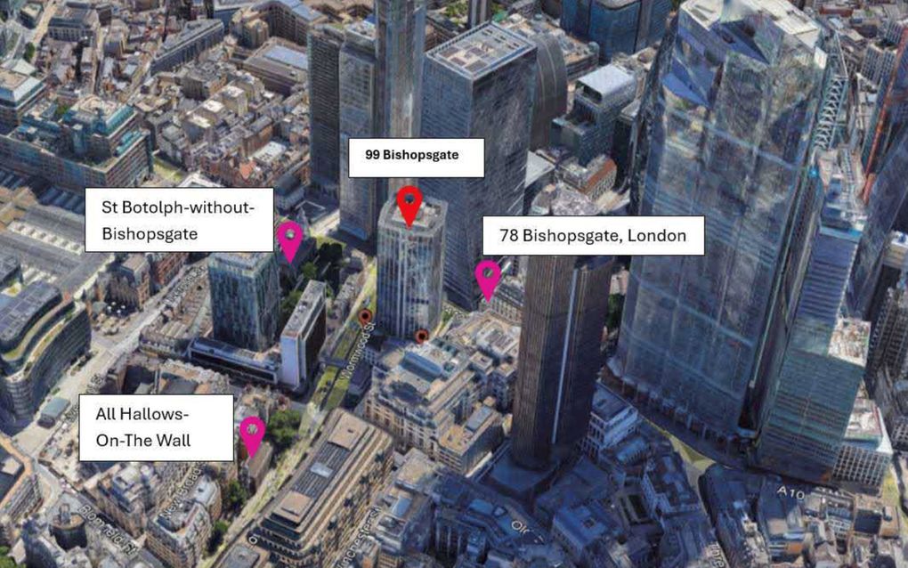 De Ethelburgakerk bevindt zich, heel nietig, op Bishopsgate 78, rechts naast het gebouw op Bishopsgate 99. beeld City of London