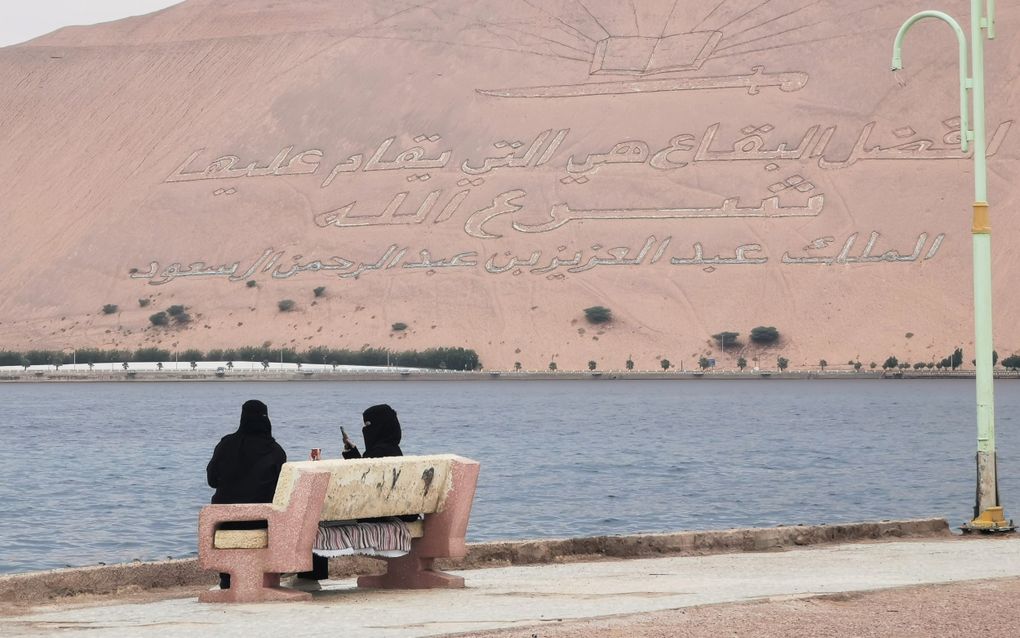 Gesluierde vrouwen in het stadspark van grensstad Haql, aan de Golf van Akaba. Vanuit hier zijn vier landen te zien: behalve Saudi-Arabië zijn dat Jordanië, Israël en Egypte. beeld Bram van de Woestijne