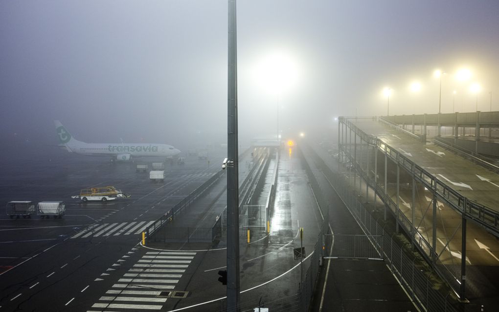 Vliegtuigen op het platform van de luchthaven Eindhoven Airport. Het vliegverkeer lag afgelopen week op de luchthaven stil vanwege mist, waardoor ruim zeventig vluchten geschrapt werden. beeld ANP, Rob Engelaar