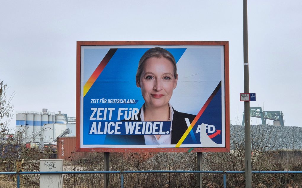 Een verkiezingsposter in Dortmund met daarop het portret van AfD-leider Alice Weidel. beeld AFP, Ina Fassbender 