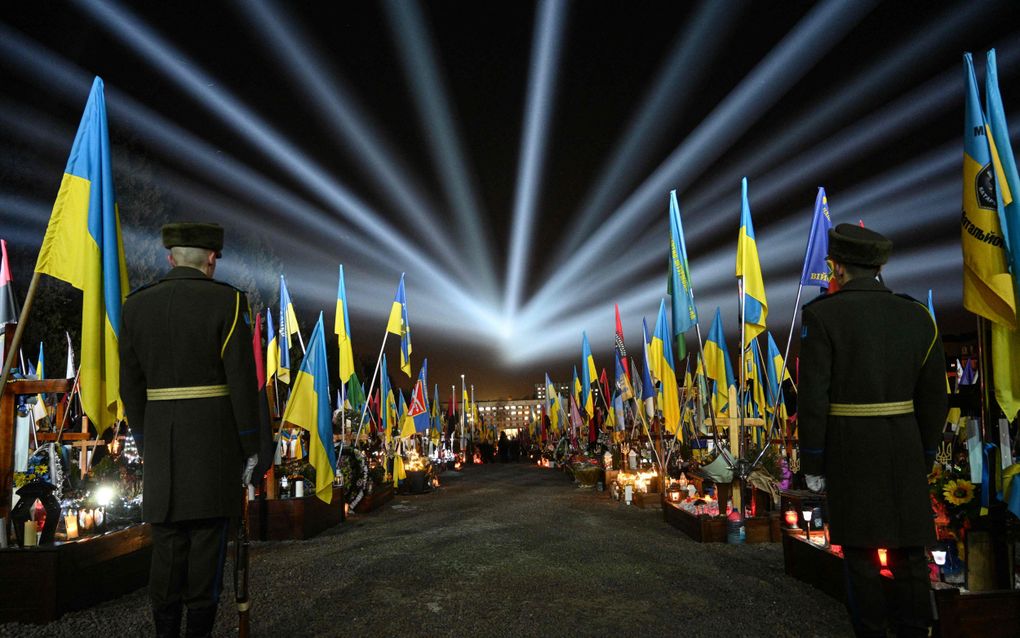 Herdenking van omgekomen Oekraïense militairen in Lviv. beeld AFP, Yuriy Dyachyshyn