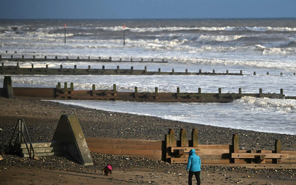 Een persoon wandelt dinsdagmorgen met een hond op een strand aan de Engelse oostkust. De Britse kustwacht heeft de zoektocht naar een vermist bemanningslid beëindigd, nadat een vrachtschip maandag in aanvaring kwam met een tanker. beeld AFP, Paul Ellis.