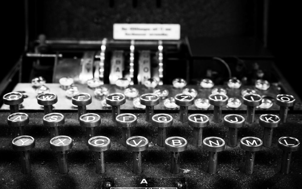 Close-up van een Enigmamachine op Bletchley Park. beeld Getty Images
