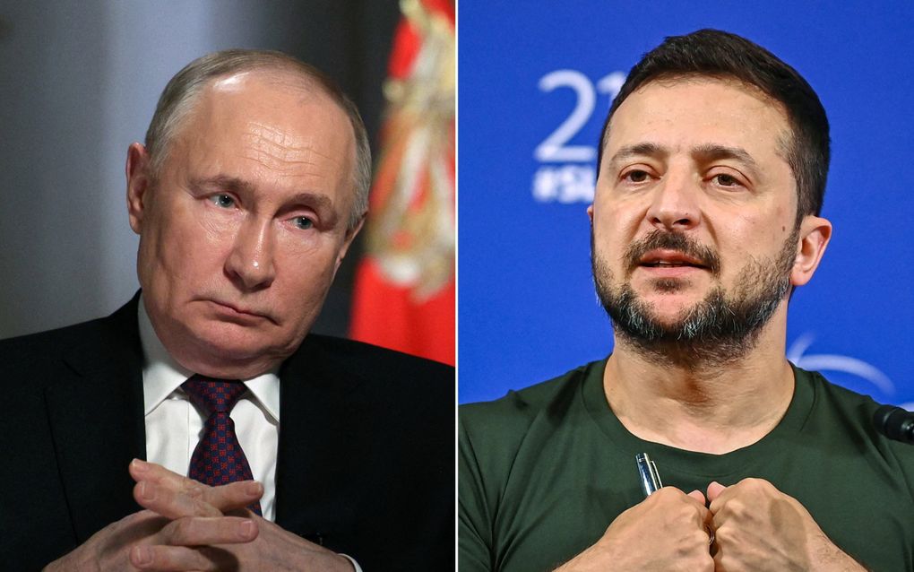De Russische president Vladimir Poetin (l.) en zijn Oekraïense ambtgenoot Volodymyr Zelensky. beeld AFP, Gavrill Grigorov