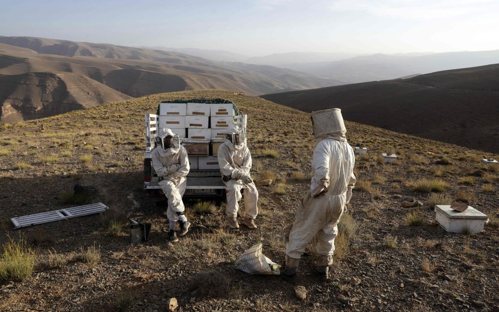 Drie mannen in witte pakken op een kale berg. Twee mannen zitten op de laadklep van een witte pickup-truck. In de laadbak staan vierkante witte kisten.
