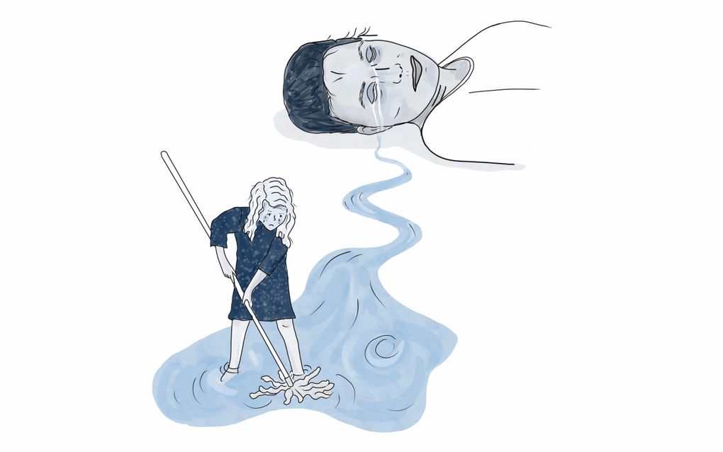 Een illustratie van een moeder die huilt. Uit haar tranen ontstaat een plas water. Een kind dweilt die plas op.
