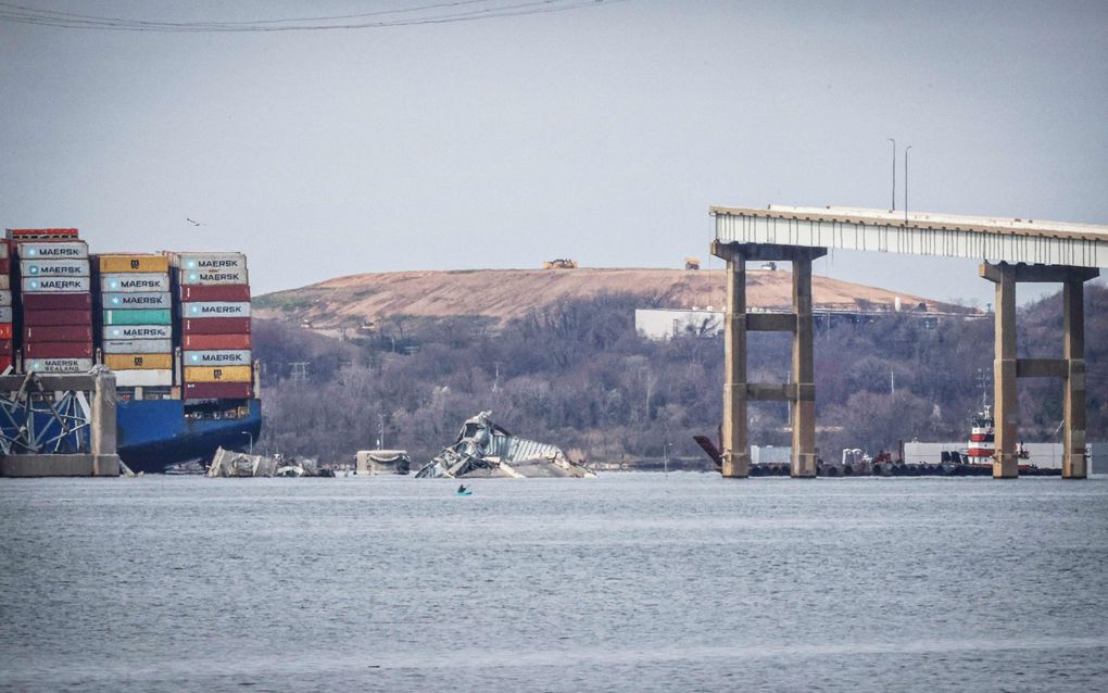 De Francis Scott Key Bridge in Baltimore is geramd door een vrachtschip . beeld AFP,  Kena Betancur