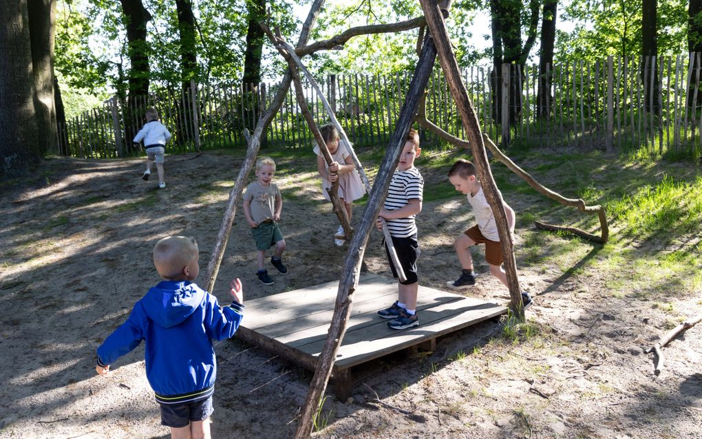 Twee aan twee staan schoolbanken met stoelen in een klaslokaal met een pastelgroene vloer, zachtbeige wanden en ramen met uitzicht op bomen.