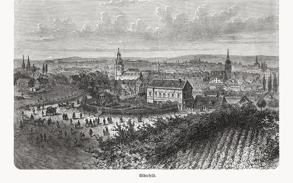 Tekening van het Duitse Elberfeld –nu onderdeel van Wuppertal– in 1893. beeld iStock