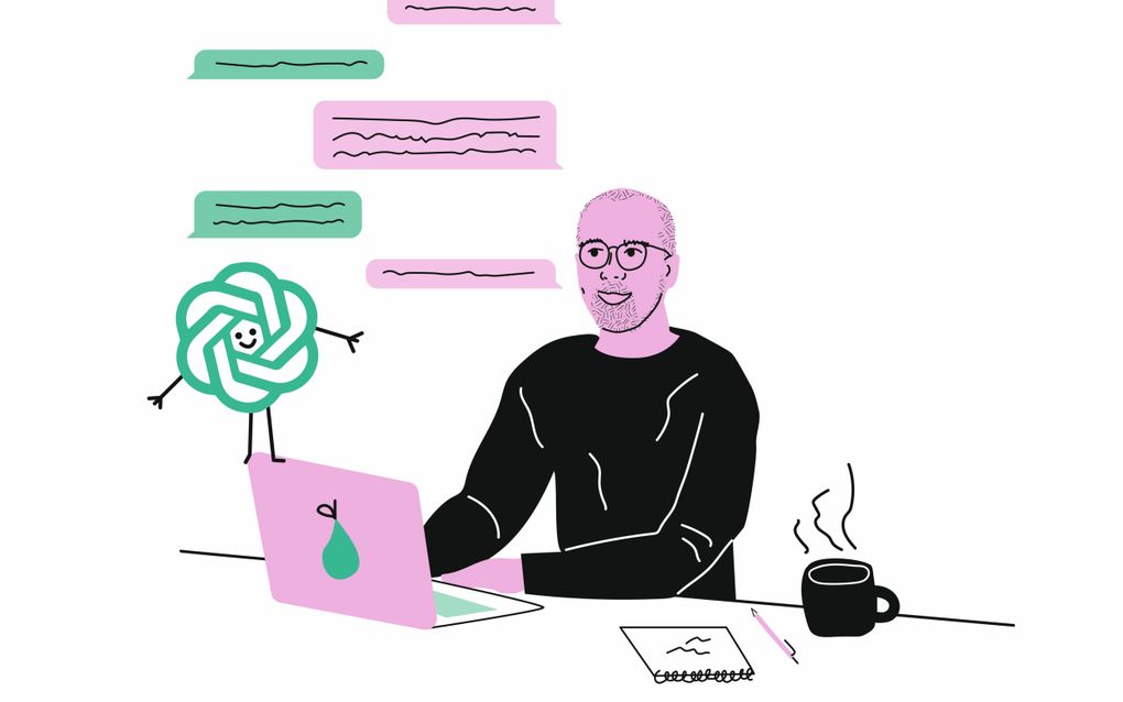 Tekening van een man achter een laptop.