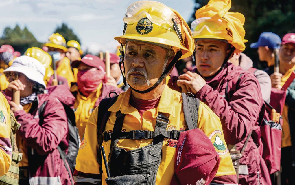 Mensen in brandweeroutfit staan achter elkaar. 